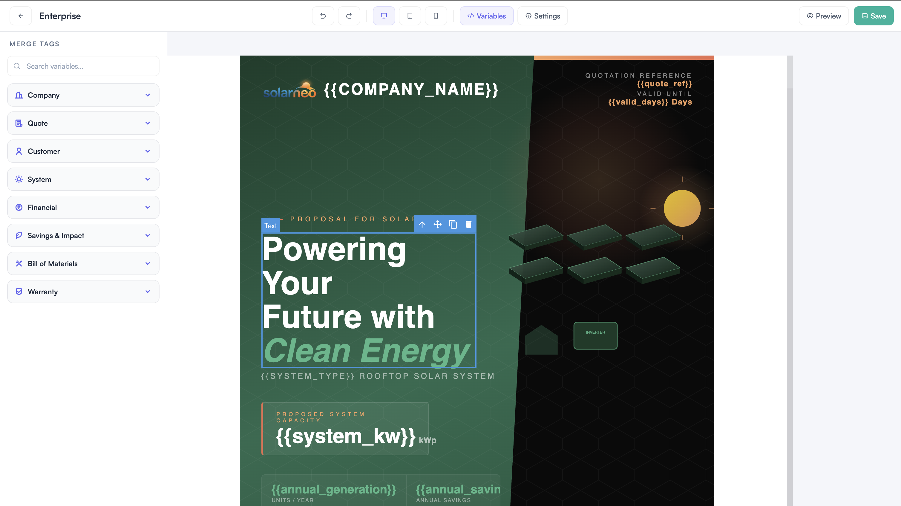 Quotation designer screen